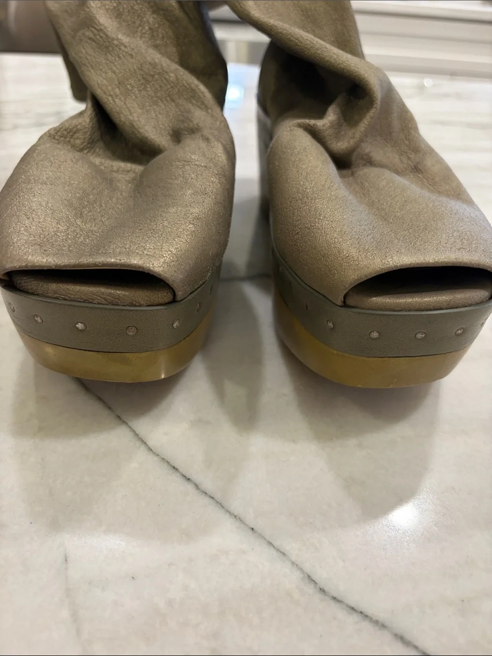 Rick Owens Taupe Sock Platform Wedge Boots with Brass Platform SZ 37
